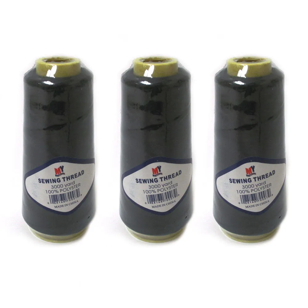 3 Spools Black Sewing Thread Machine 3000 Yard 100% Polyester Upholstery Leather