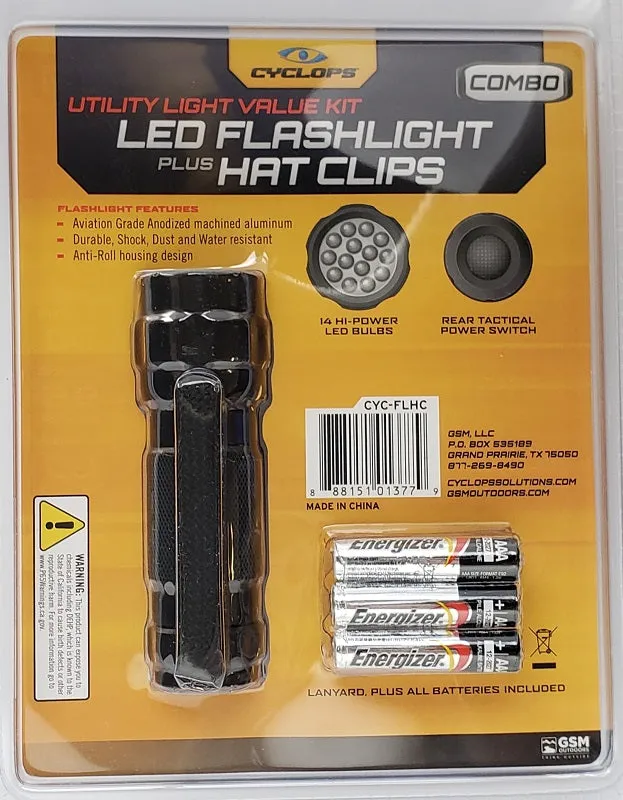 Cyclops LED Flashlight Plus Hat Clip Lights Combo