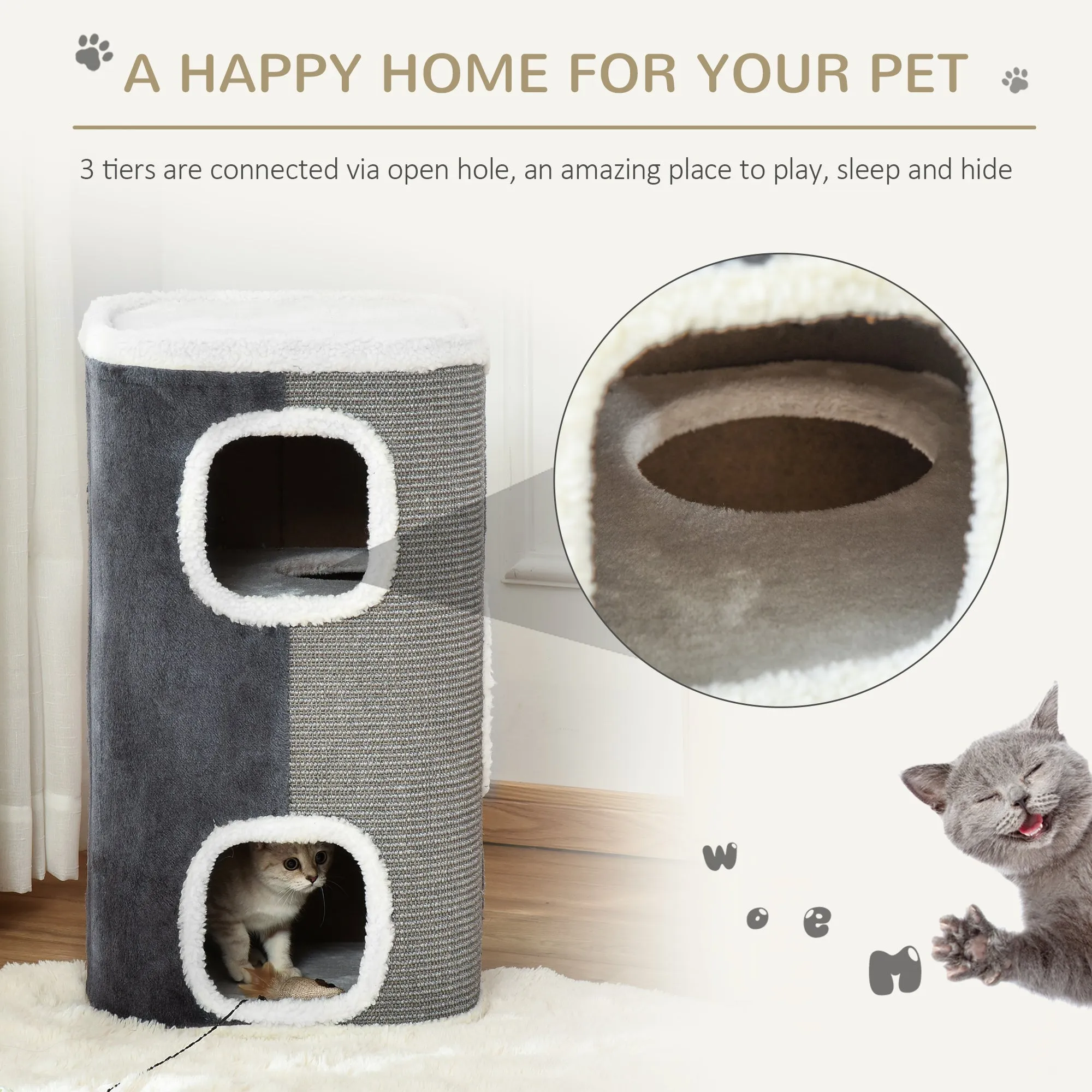 Sisal Cat Barrel with Soft Plush & Lamb Fleece Grey