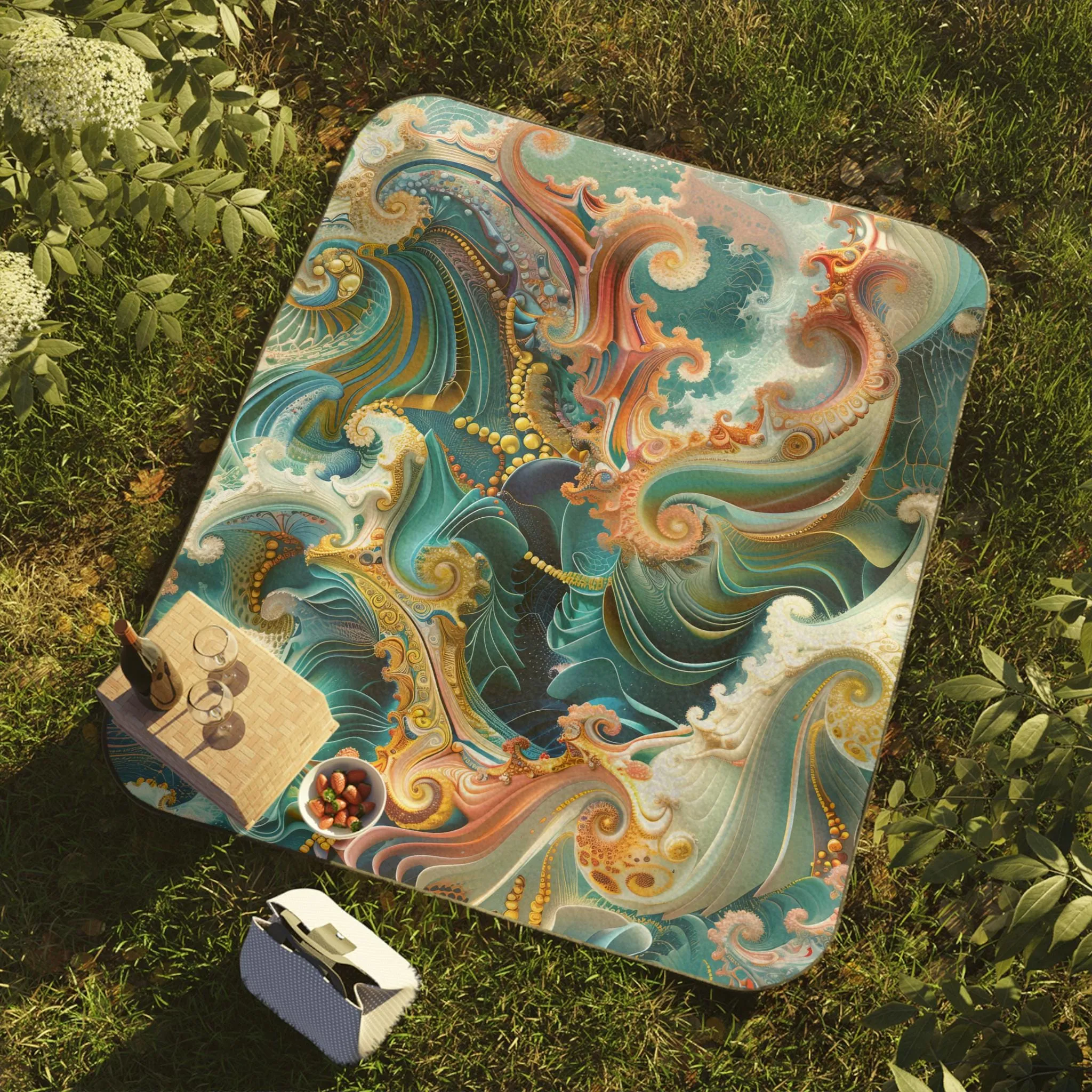 Whimsical Ocean Wave Fractal Picnic Blanket for Outdoor Adventures, Boho Picnic Mat, Festival Blanket, Camping Gear, Beach Blanket