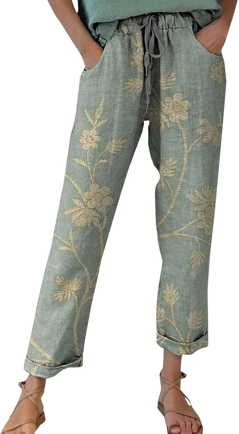 Women's Casual Loose Wide Leg Cozy Pants Linen Elastic Women Leg Solid 2025 Flowy Beach Trendy Trousers with Pockets